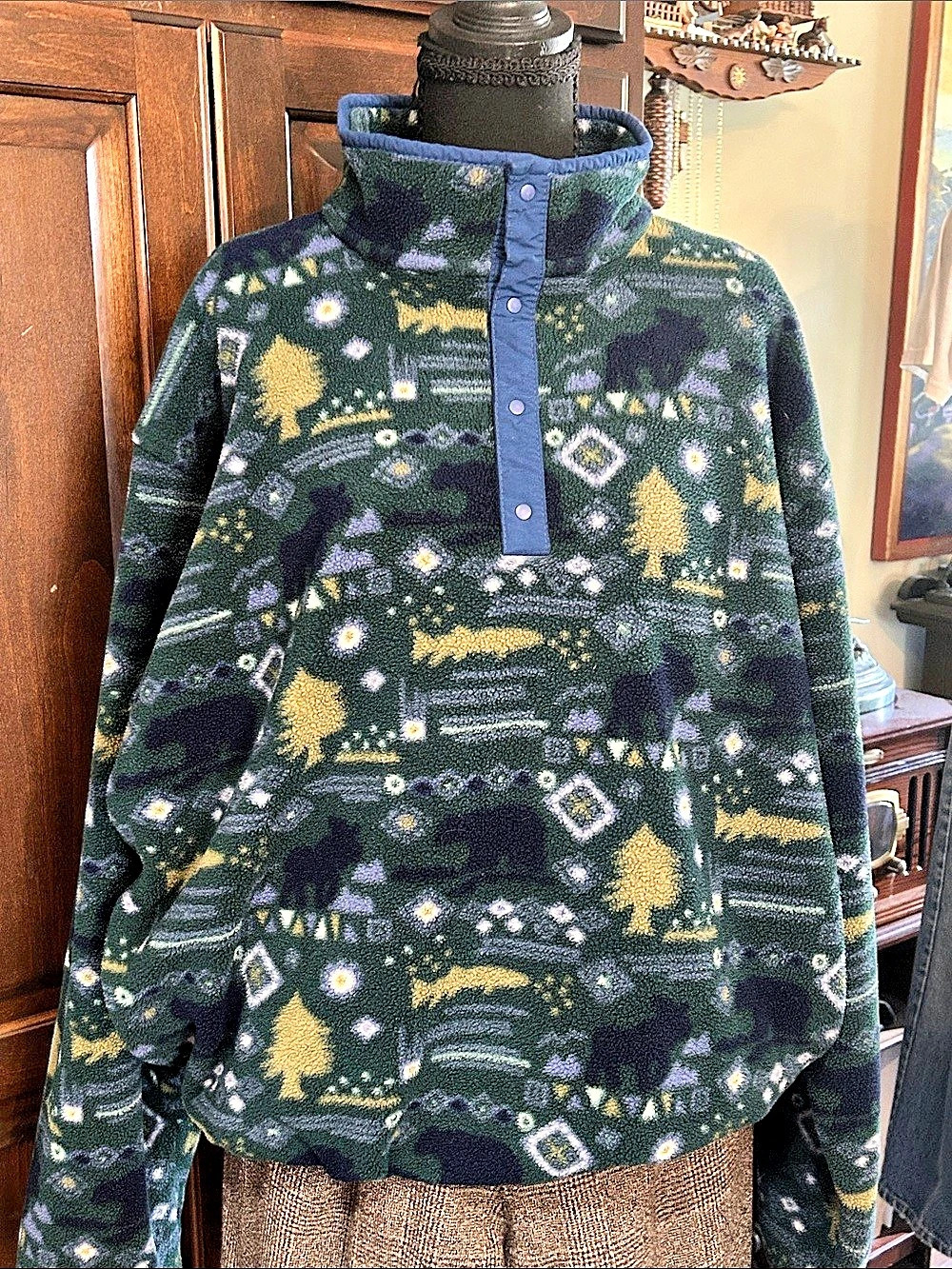 90’s L.L.Bean Polar-tec Sz M/L Wildlife Aztec Moose Print Snap-at Pullover
